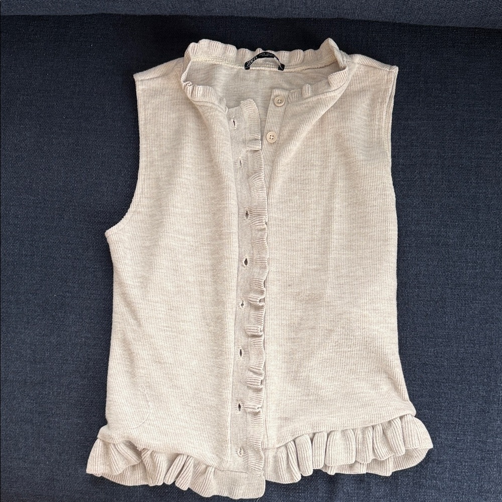 Zara Beige Ruffle Button-Down Blouse